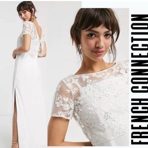 French Connection Size 4 pure white maxi, spaghetti strap dress with slit